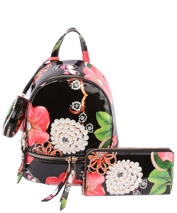 Floral Backpack for Women College School LHU315-FL-1W BLACK